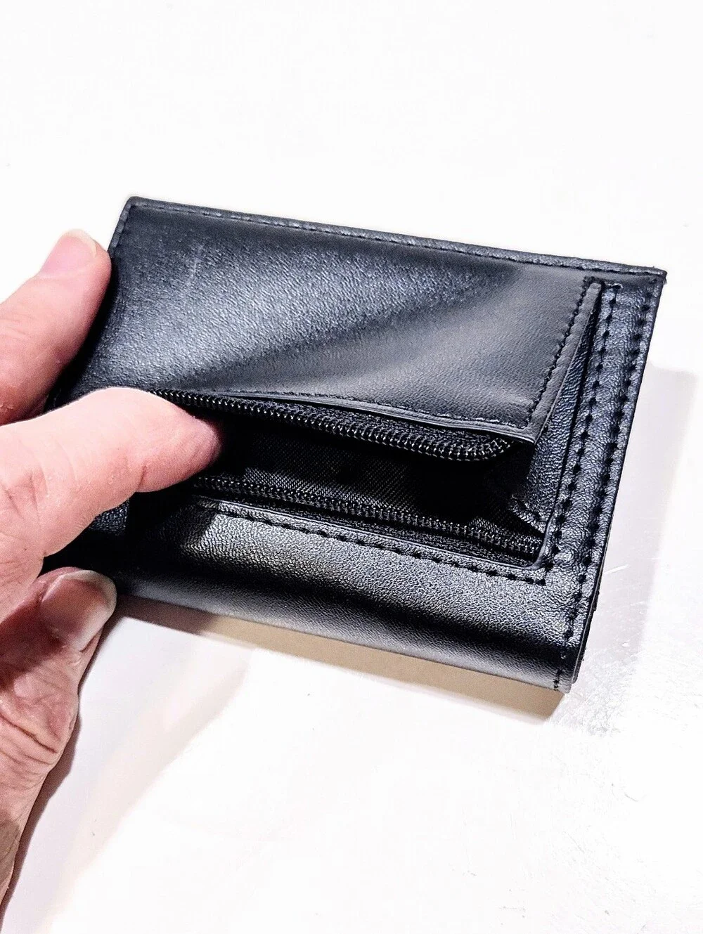 Unbranded Black Leather Tri-Fold Wallet Pop Up Card Holder Slim Magnetic